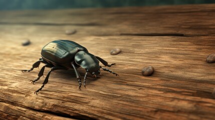  a green beetle sitting on top of a wooden table next to a pile of nuts on top of a wooden table.