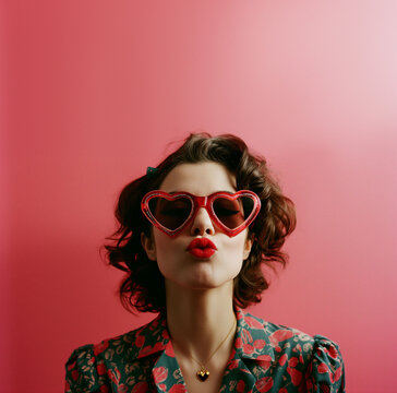 Woman in heart-shaped sunglasses infront of pink backdroop. Valentine's Day vibes. Image for poster retro-themed event or party. Lookbook photography, album cover. Banner with copy space.