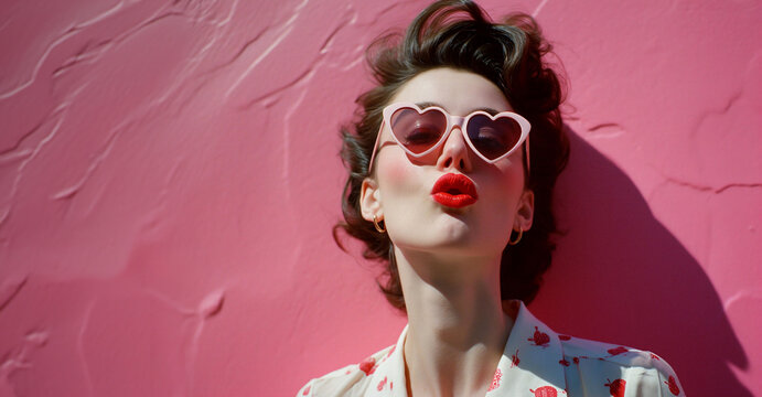 Woman in heart-shaped sunglasses infront of pink backdroop. Valentine's Day vibes. Image for poster retro-themed event or party. Lookbook photography, album cover. Banner with copy space.