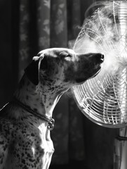 The dog sits next to the fan and enjoys cooling off.