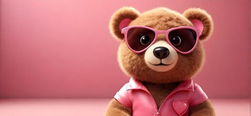 Cute teddy bear wearing pink glasses on an isolated background with copy space. Ideal for Valentine's, birthdays, New Year's, Christmas events, and banners. Generative AI. - obrazy, fototapety, plakaty