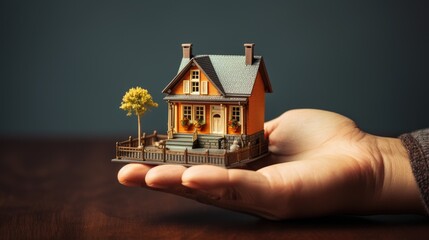 closeup of hands holding residential house real estate miniature model