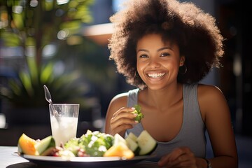 Beautiful Young Woman Smiling And Happy Having A Fruit Breakfast In The Morning Outdoors. Concept Of Diets And Healthy Food. Generative AI - obrazy, fototapety, plakaty