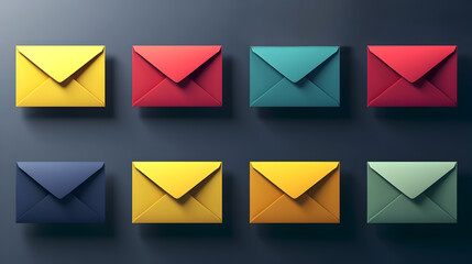 Colorful 3D email icons set, modern gradient design. Vibrant email envelopes, 3D gradient effect, digital communication. Sleek 3D mail icons, bold gradients, contemporary digital design