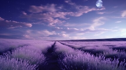 Tranquil serene landscape of lavender field in the night under purple sky