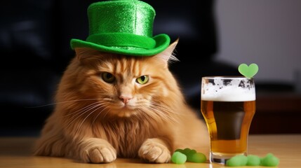 Anthropomorphic red cat wearing Irish green hat celebrating St. Patrick's Day drinking beer in Irish pub