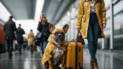 Travailing french bulldog at train station. 