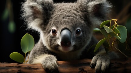Obraz premium a close up of a koala on a tree branch with a plant in the foreground and a dark background.