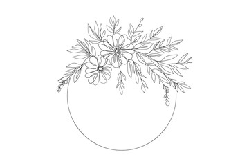 Continuous line drawing floral frame wreath. Minimalist linear circle garland with blooming flowers leaves. Vector illustration