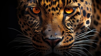  a close - up of a leopard's face with orange eyes and long whiskers on a black background.