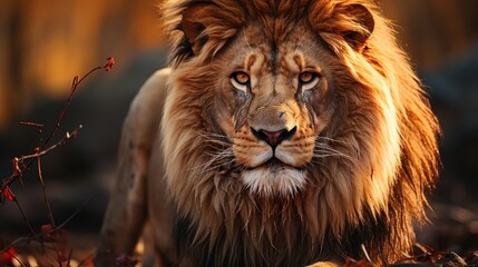 Naklejka premium a close up of a lion in a field of grass and dirt with a bush in the foreground and a blurry background.