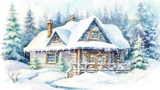 Hand-painted, cozy village house in snowy watercolor winter cabin animation.
