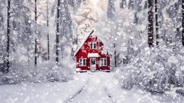 Red house in snowy forest.