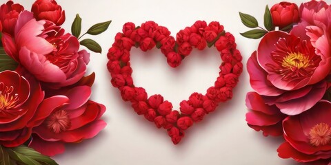 Red peonies in the shape of heart on a light background