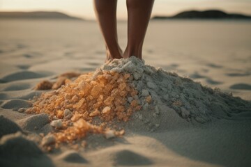 Feet stand in sand and pumice on a sandy beach with the effect of spa salon - obrazy, fototapety, plakaty