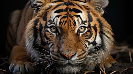  a close up of a tiger's face with black and orange stripes on it's face and a black background.