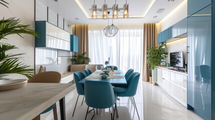 showcases an interior design of a dining room within a modern and bright flat