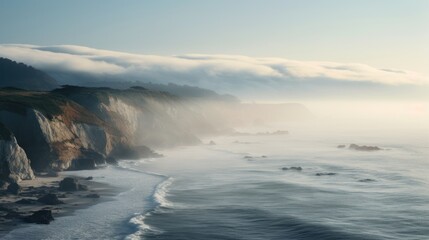 Fototapeta premium a large body of water next to a cliff on top of a cliff face with a foggy sky in the background.
