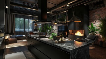 luxury studio apartment with a free layout in a loft style in dark colors