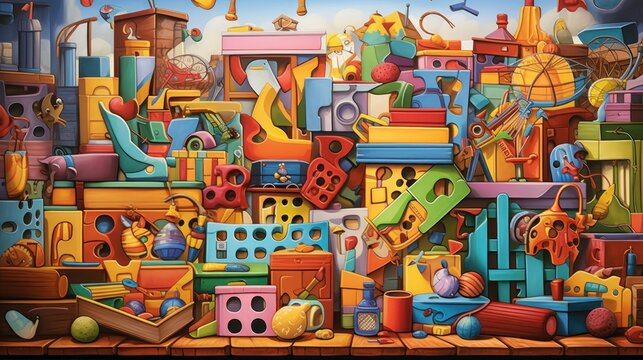  a painting of a room filled with lots of different types of toys and toys on top of a wooden floor.