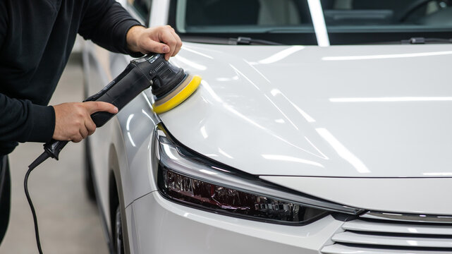 Process of polishing white car hood surface using orbital polishing machine. 