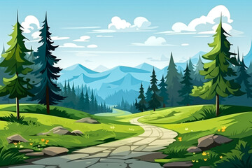 Landscape with mountains, forest and road. Cartoon illustration.