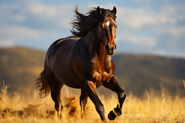 Boundless spirit Running horse gracefully moves through the expansive field.