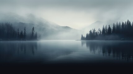  a body of water surrounded by trees in the middle of a foggy day with a mountain in the background.