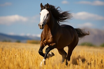 Majestic sight Horse gallops freely in a vast, open field.