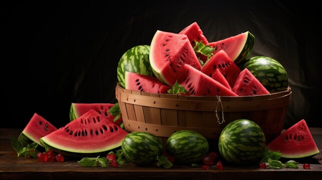  a basket full of watermelon slices and pieces of watermelon sitting on top of a wooden table.