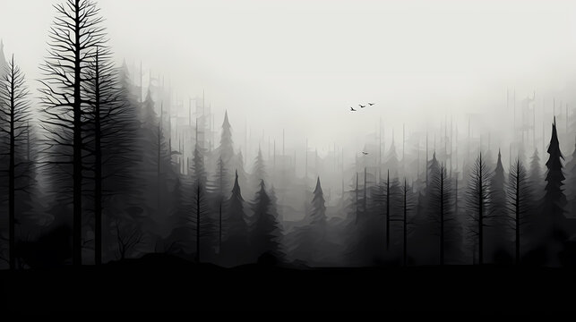 Black and white forest scene in minimalist art style as background illustration