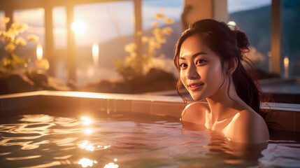 Beautiful asian woman relaxing in swimming pool at luxury spa resort - obrazy, fototapety, plakaty