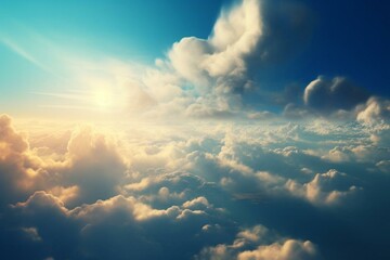 Background of morning sun filled clouds. Blue, white, and pastel colored heaven with soft focus lens flare. Abstract serene nature with blue blur gradient. open windows, lovely summer,. Generative AI