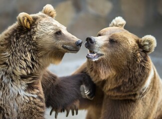 Obraz premium Cute/lovely wild grizzly brown bears hugging each other in the snow, winter scene in the wild.