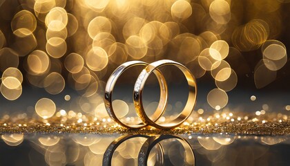 Wedding Rings and Champagne Glasses with Golden Bokeh - obrazy, fototapety, plakaty