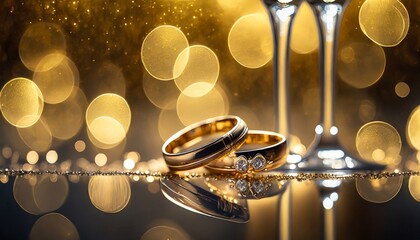 Two wedding rings in focus on a reflective surface, with champagne glasses and a sparkling golden bokeh background