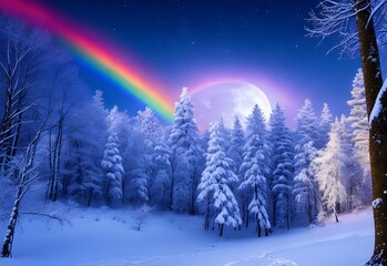 winter landscape with trees, rainbow, and moon