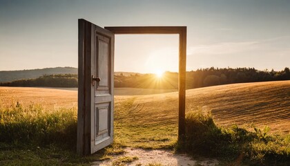 A standalone open door frames a breathtaking sunrise over a peaceful, golden field, symbolizing new beginnings