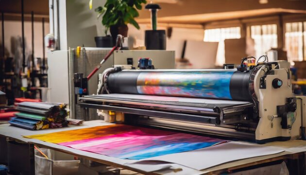 Industrial printing machinery at work, outputting a large, colorful graphic banner in a print shop