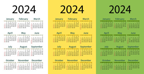 Year 2024 white, yellow and green calendar template vector illustration. week starts sunday. - obrazy, fototapety, plakaty