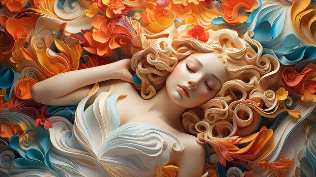 Woman sleeping in colorful Paper waves