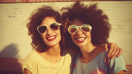 Portrait of Two Happy Mixed Race Women Girlfriends in Sunglasses Smiling on a Sunny Day. Retro Style of the 80s. Vintage Photo, Blurry, Old Shot. Female Friendship. Healthy Smile and Dentistry Concept