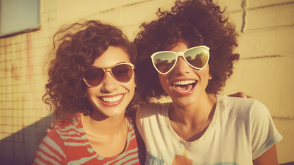 Portrait Two Happy Mixed Race Women Girlfriends in Sunglasses Smiling on Sunny Day. Retro Style. Vintage Photo, Blurry, Old Shot. Female Friendship. Laughing and Fun. Fashion Concept Yesteryear