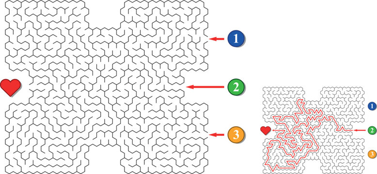 Search for love maze. Labyrinth with three entrances. Find the right way and reach the red heart. Mental educational game template with clue. Vector illustration