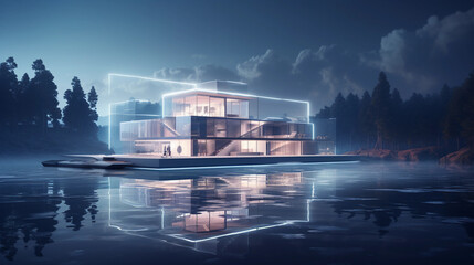 Futuristic data lakehouse concept with a holographic cityscape on a serene lake reflecting cutting-edge data integration. 