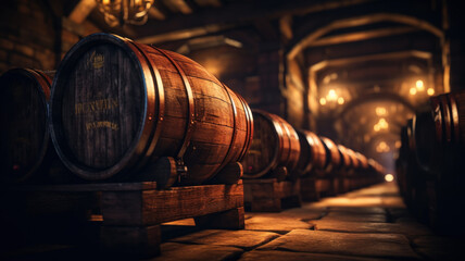 Vintage wooden barrels inside old wine cellar, perspective for background. Many brown oak casks stored in dark storage of winery. Concept of vineyard, viticulture, production, underground