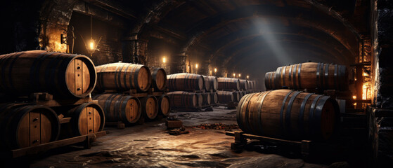 Panorama of dark wine cellar with old wooden barrels, vintage brown oak casks in storage of winery. Concept of vineyard, viticulture, production, wood, underground, warehouse