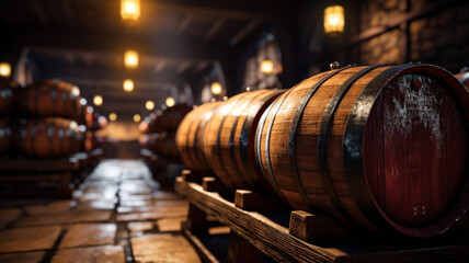 Perspective of vintage wooden barrels stored in dark wine cellar, old brown oak casks in storage of winery. Concept of vineyard, viticulture, production, wood, warehouse, winemaking - obrazy, fototapety, plakaty