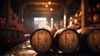 Vintage wooden barrels on dark wine cellar blurred background, old brown oak casks in storage of winery. Concept of vineyard, viticulture, production, wood, warehouse, winemaking