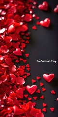 Red hearts on black background. Valentine's Day backdrop. Vertical banner